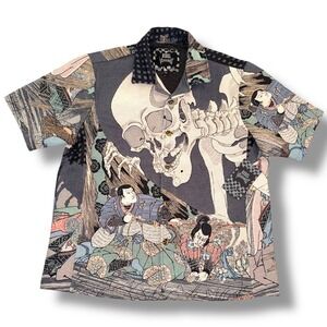 Rebel Vengeance Mens XL Japanese Art Skeleton Samurai Tapestry Button Up Jacket
